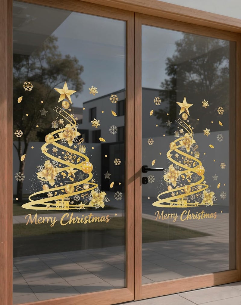 Nullyda Christmas Tree Window Clings for Glass, 19.69 * 15.75 Inch Large Golden Snowflake & Tree Decals, Removable Sticker for Glass Wall Mural Door Showcase DIY Christmas Decor - 2 Pack (Style D) - Image 4